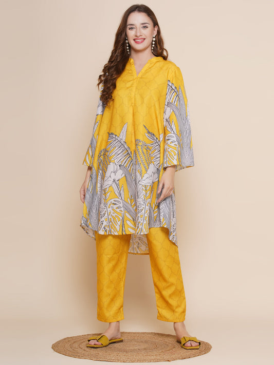 Yellow Floral Print A-line kurta with Yellow Printed Palazzos